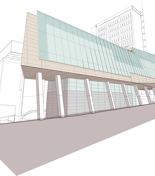 Mascaro Construction building design visualization featuring a modern glass façade, angled structural supports, and a digital architectural model used during preconstruction planning.